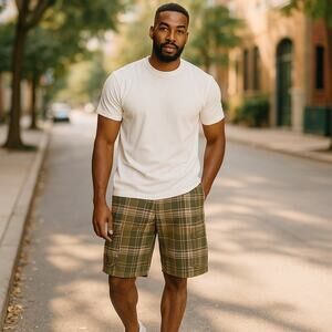 Eddie Bauer Mens Shorts Sz 34 Olive Green Tan Plaid Cargo Heavy Pockets